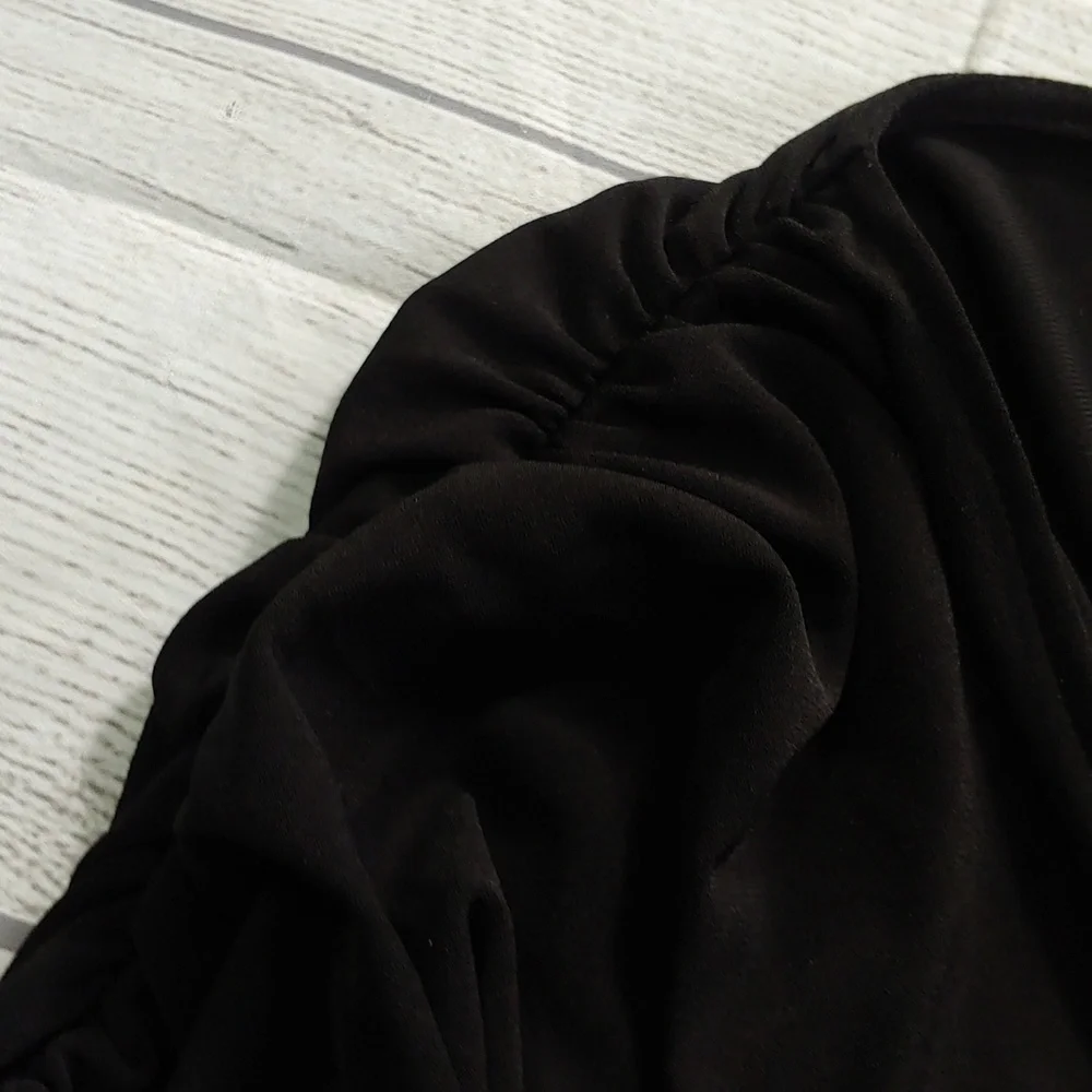 Sue Wong Black Ruched Sleeve Open Back Cocktail Dress - Picture 7 of 12